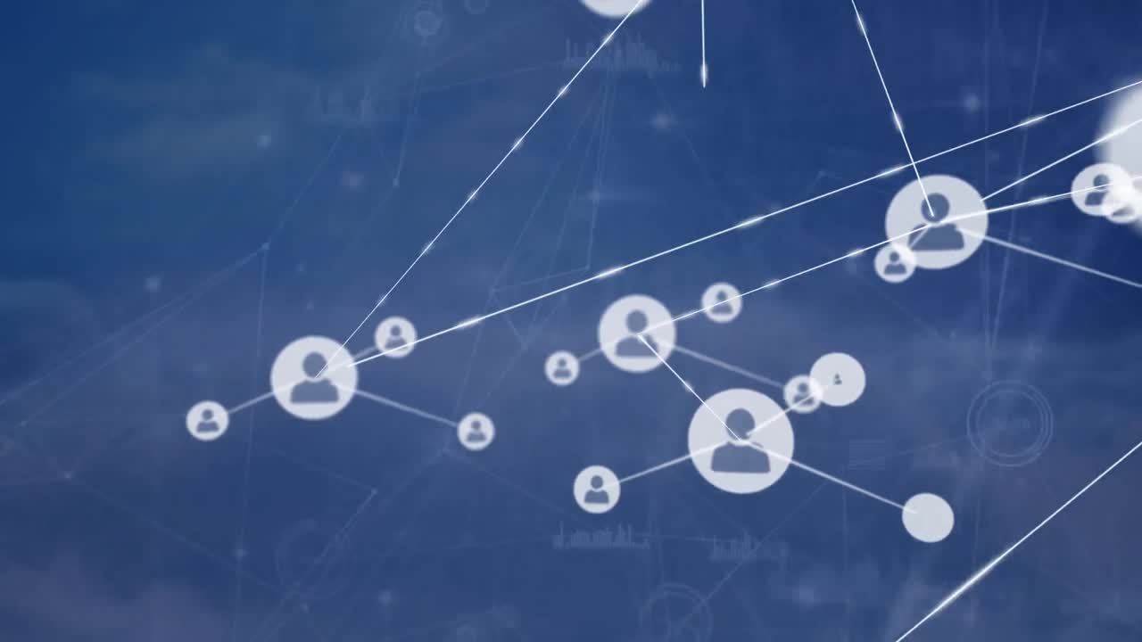 파란 하늘 배경에 있는 메인보드 위에 있는 사람들의 네트워크 아이콘의 애니메이션