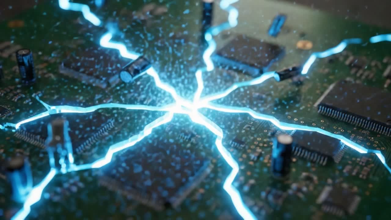 Dynamic Technology: Capturing the Electric Pulse through Close-Up Shots of a Circuit Board, Highlighting the Intricate Design and Flow of Energy