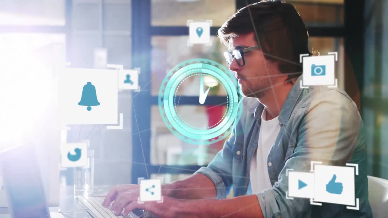 animación de la red de conexiones e iconos sobre el hombre de negocios en la oficina