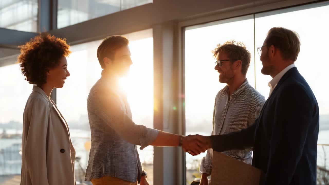 Business Professionals Engaging in a Friendly Meeting During Golden Hour, Showcasing Positive Body Language and Collaborative Spirit in a Bright, Modern Office Environment with Scenic Views