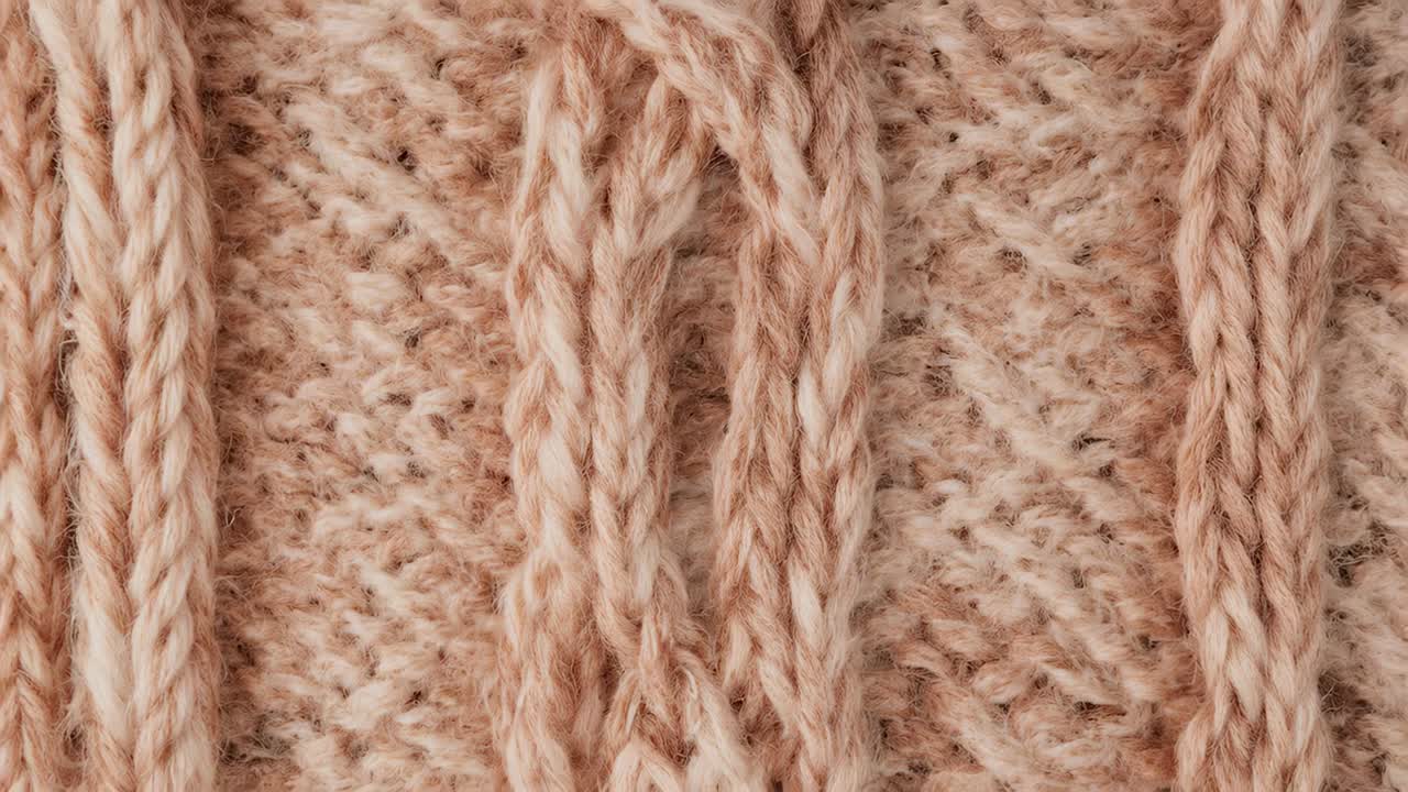 Shifting camera revealing warm peach cabled knit at macro close-up, showing stitch detail and fuzz