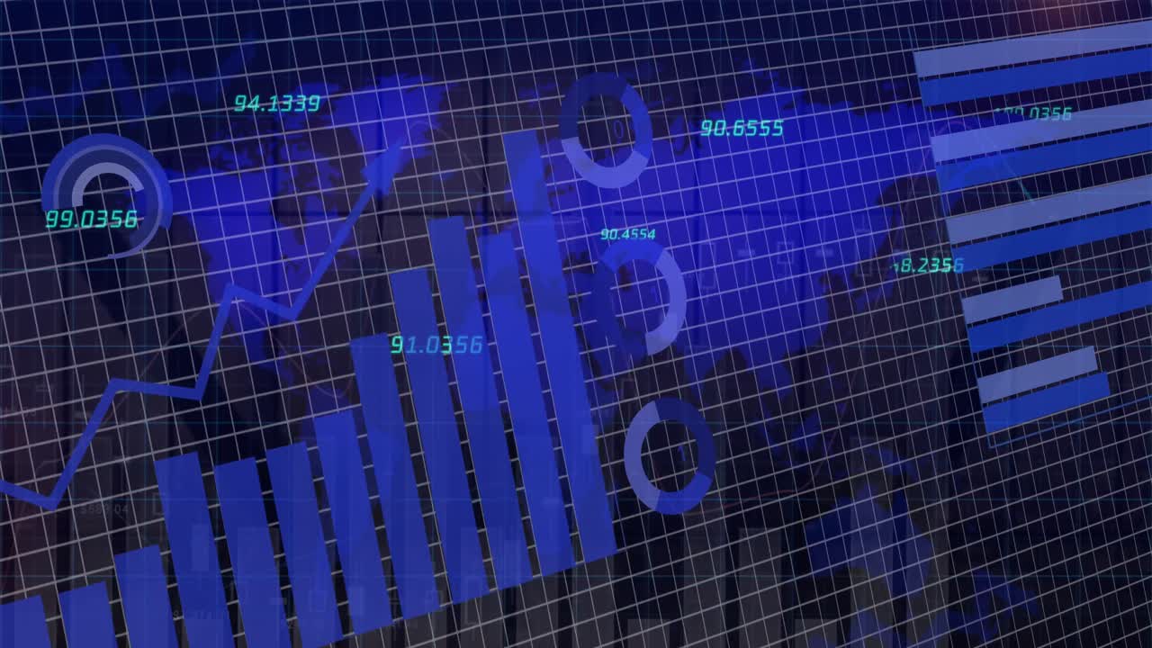 Animation of financial data processing over grid and world map background