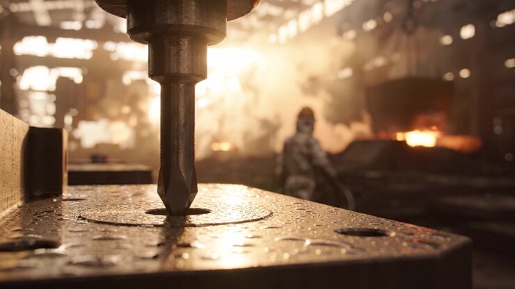 A Glimpse Into an Industrial Workshop: The Intricate Details of Metal Forging as Heavy Machinery Operates in a Smoky, Fiery Environment of Production