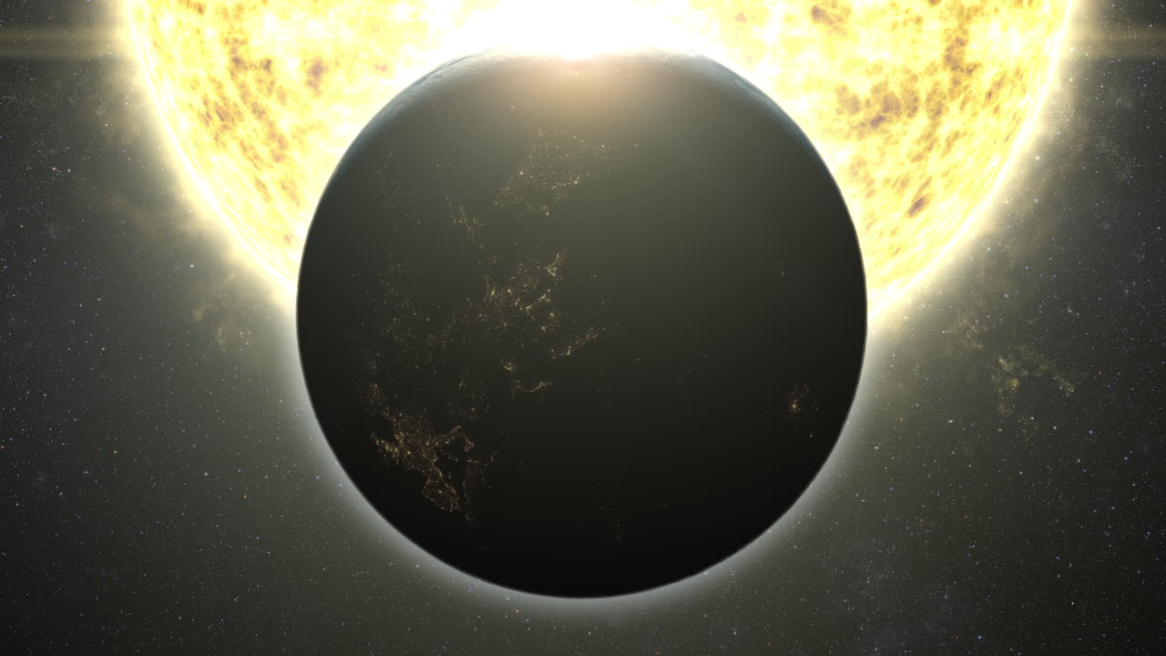 un cautivador movimiento gráfico visual del planeta tierra pasando por el sol causando un eclipse que oscurece parcialmente el brillo solar