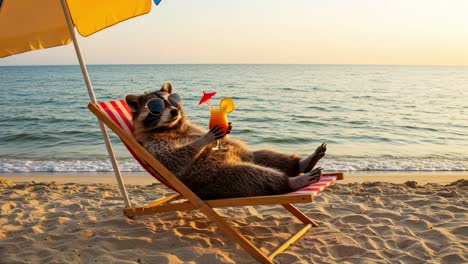 a raccoon kicks back and unwinds on the sandy beach, sipping a tropical drink as the sun sets beautifully over the ocean