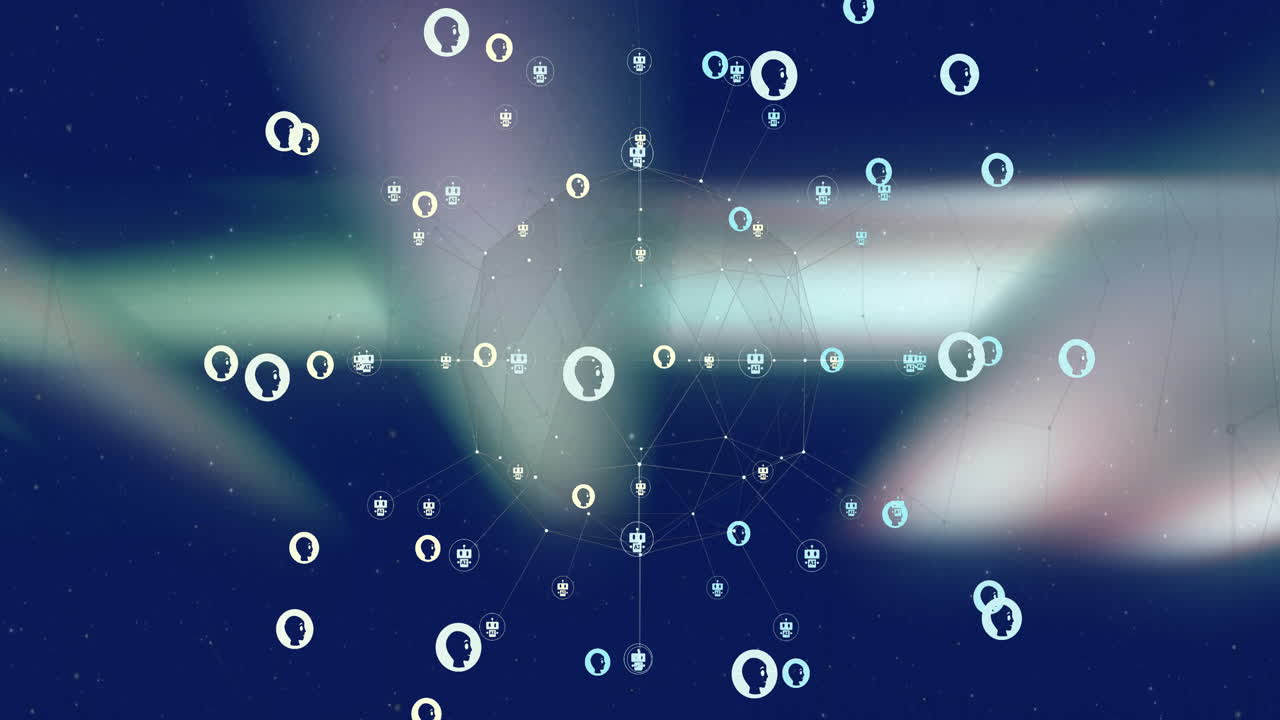 animación de un procesamiento de datos, iconos de chat y red de conexiones en senderos brillantes