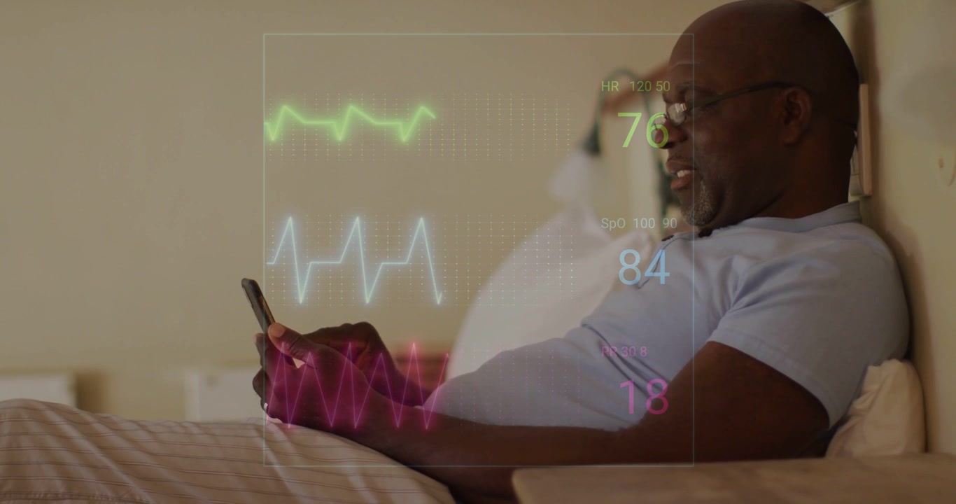 Senior man in bed tapping phone causing ECG overlay and monitoring health vitals with magenta glow