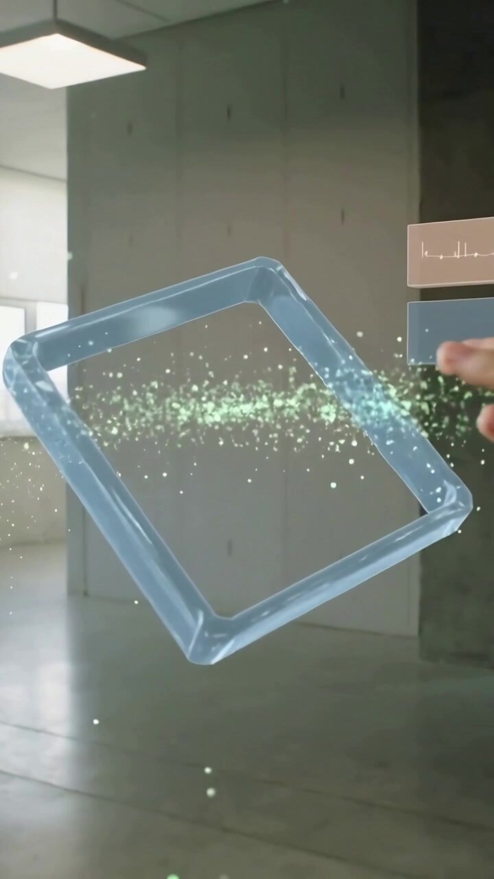 Vertical video: Reaching bare forearm swiping hologram, rotating it in open studio with particles