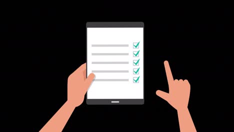 hand holding tablet with checklist 2d flat animation with alpha channel. to-do list and business planning project. complete tasks, checkmarks. achievement and goals. questionnaire