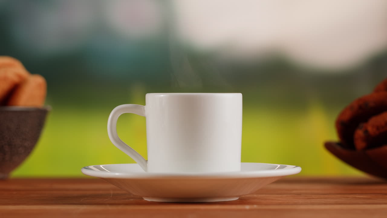 Steaming Coffee Cup on a Wooden Table with Blurred Background