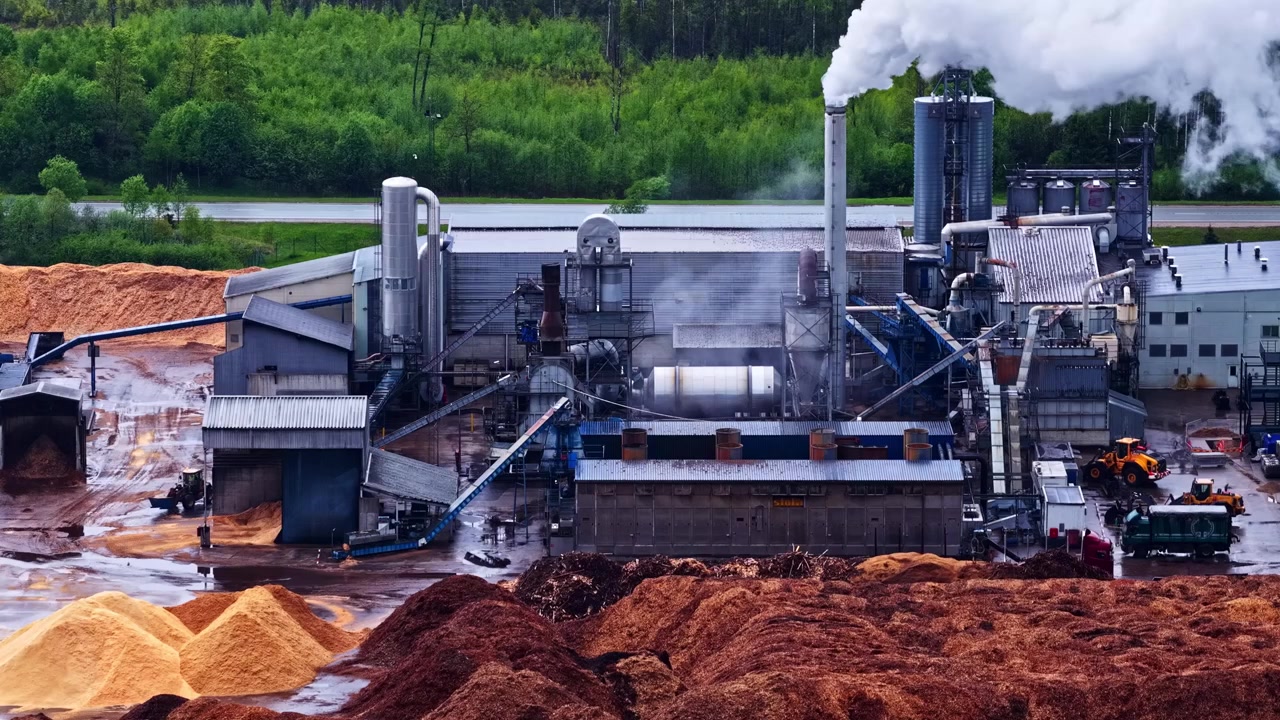 Uma vista aérea de uma grande serraria industrial com pilhas enormes de toras, cavacos de madeira e máquinas de processamento ativas com chaminés