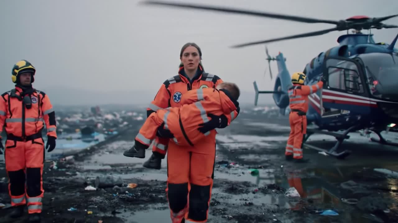 Brave Rescue in Challenging Conditions: A Heroic Rescuer Carries a Child to Safety Amidst a Disaster Scene with Responders and Helicopter Operations