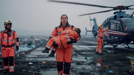 brave rescue in challenging conditions: a heroic rescuer carries a child to safety amidst a disaster scene with responders and helicopter operations