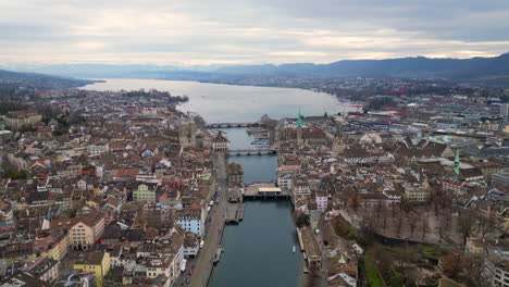 aerial of limmat river, zurich, switzerland