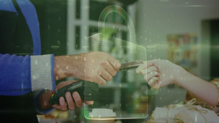 Animation of network security padlock over people using payment terminal