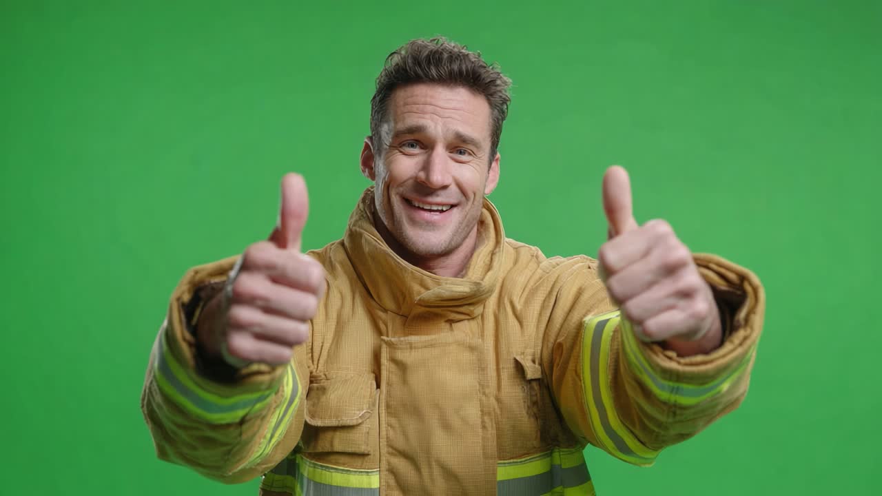 A Confident Firefighter Giving Thumbs Up in Front of a Green Screen, Showcasing Enthusiasm and Professionalism in Emergency Services