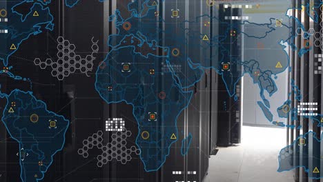 Animation-of-world-map-and-data-processing-against-empty-computer-server-room