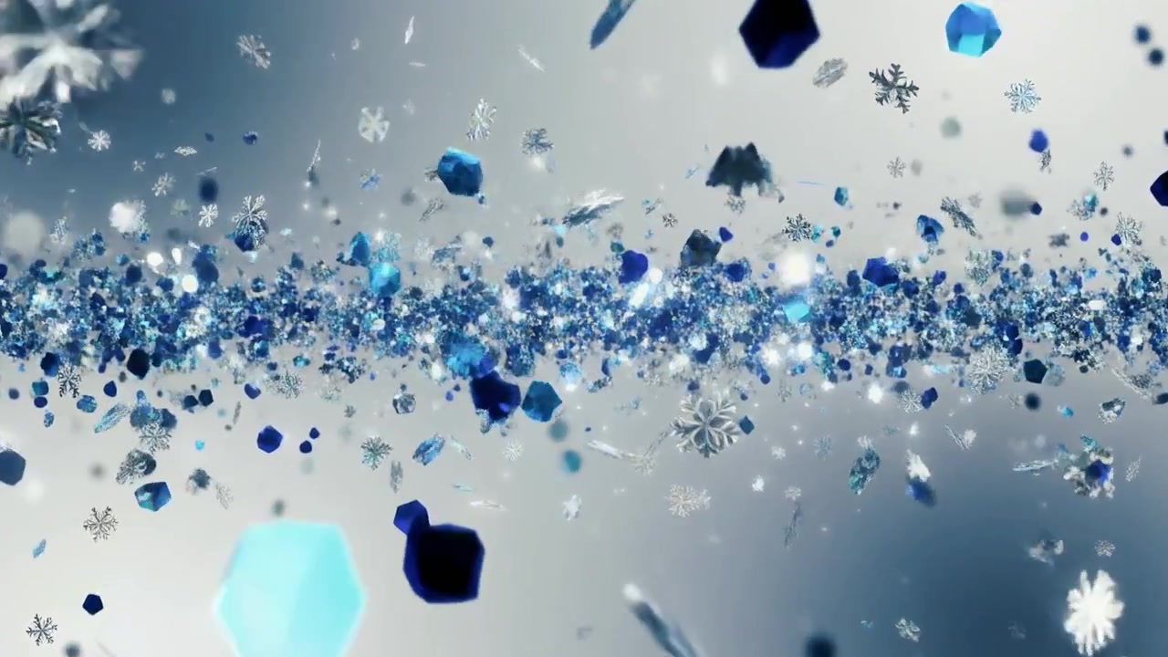 浮かぶ青いクリスタルと雪の結晶がある抽象的なモーション背景
