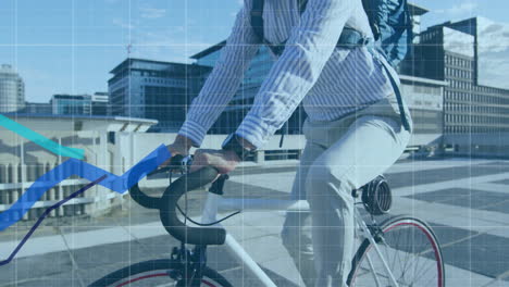animación de procesamiento de datos financieros sobre hombre asiático montando bicicleta