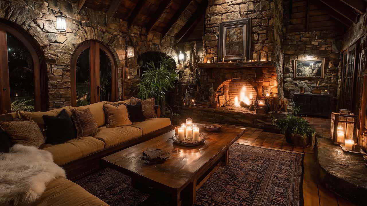 Cozy Rustic Living Room with Stone Fireplace: A Warm Retreat Adorned with Soft Textures, Ambient Lighting, and Nature's Touch for Ultimate Relaxation