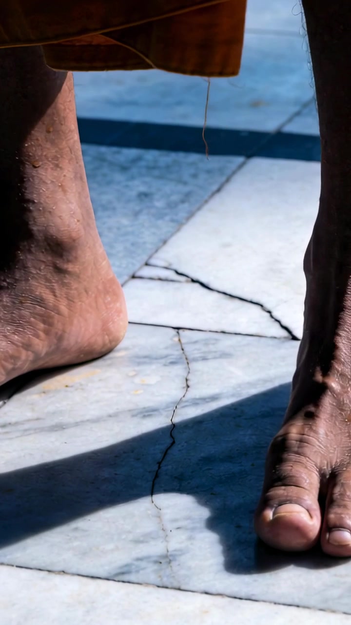 Video verticale: Uomo con una veste arancione che sposta il peso e sistema i piedi per prepararsi a fare un passo su una crepa nel marmo.