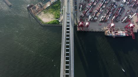 traffic on stonecutters bridge, hong kong, top down aerial view