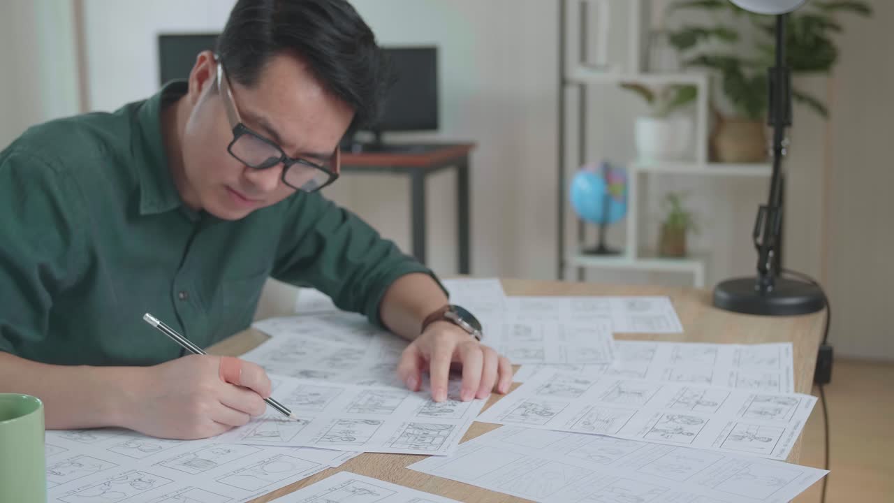 Pre-Production For Film Movie Story Concept : Asian Man Drawing Storyboard Animation Comic Cartoon, Design Creative Scene Layout At Studio. Behind Making Work Before Production Films Or Video Shot