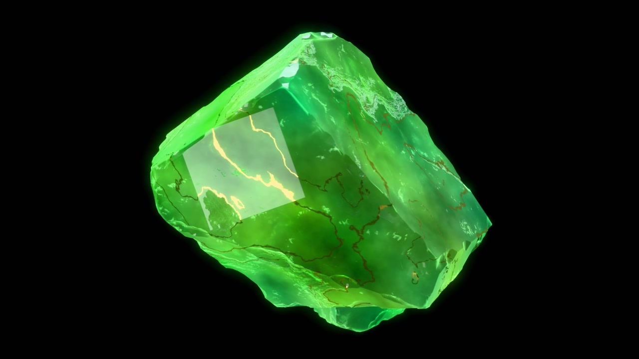 黒い背景に、金色の筋が入った光り輝く緑のエメラルド結晶。