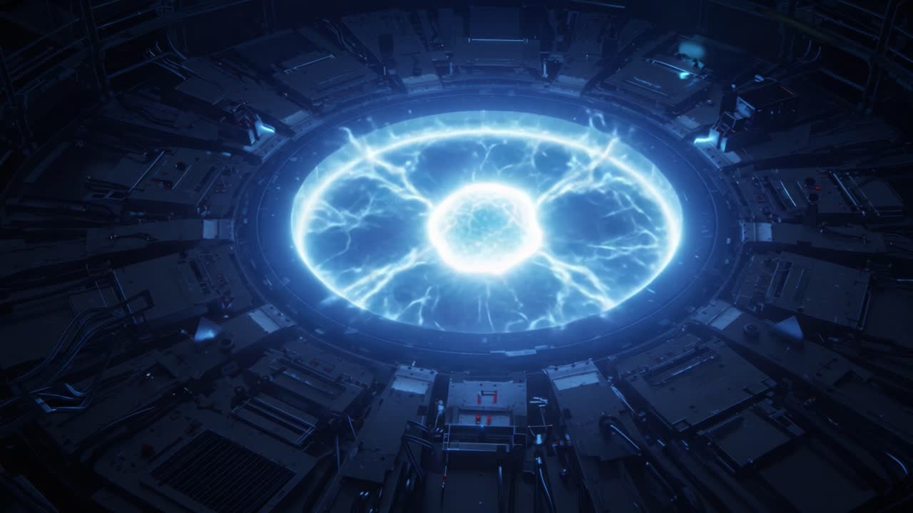A Stunning Energy Sphere Pulsates with Electric Blue Lightning in a Futuristic Circular Chamber, Harnessing Power from the Unknown Depths of Technology