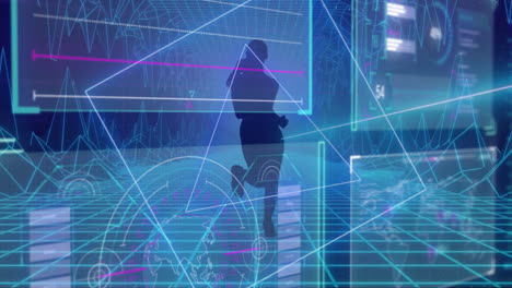 animación de pantallas con procesamiento de datos sobre mujer corriendo en fondo oscuro