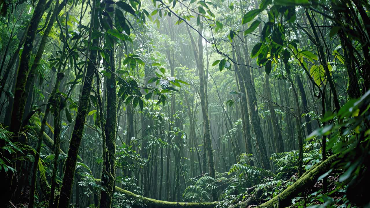 Rigogliosa foresta pluviale con alberi altissimi ripresa da una angolazione bassa, per creare un video coinvolgente