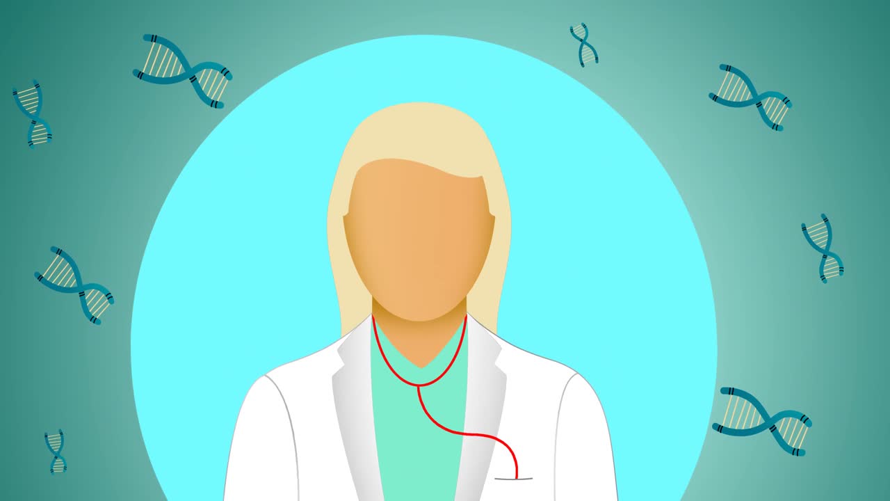 animación de una doctora sobre una hebra de adn moviéndose