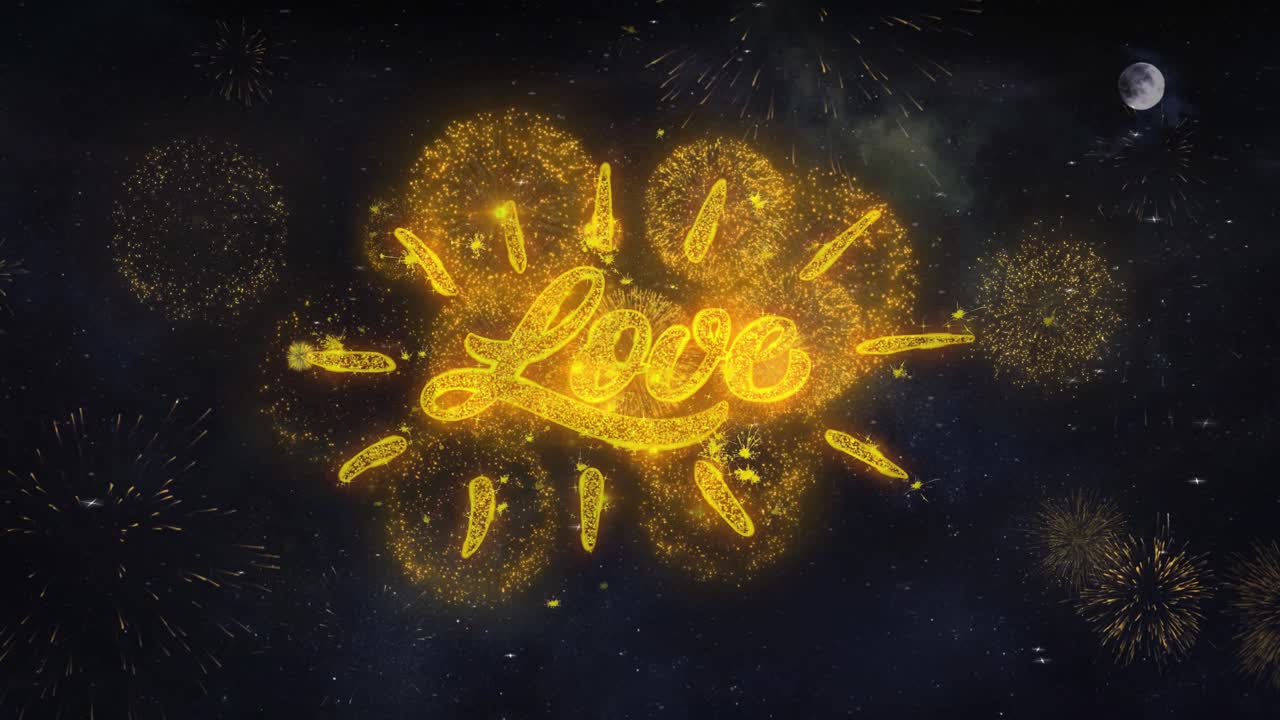 Valentine love text typography reveal from golden firework crackers particles night sky 4k