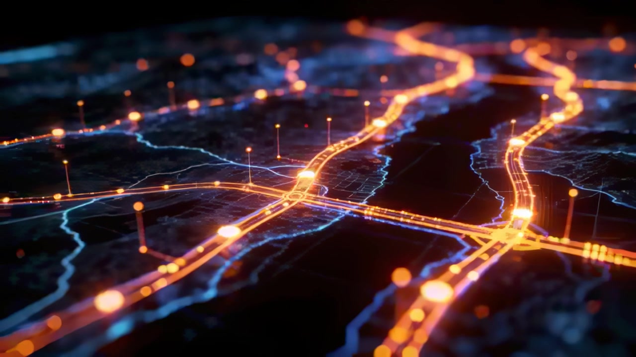 Animating styled 3D map sending light pulses along orange paths as camera tracking activating pins