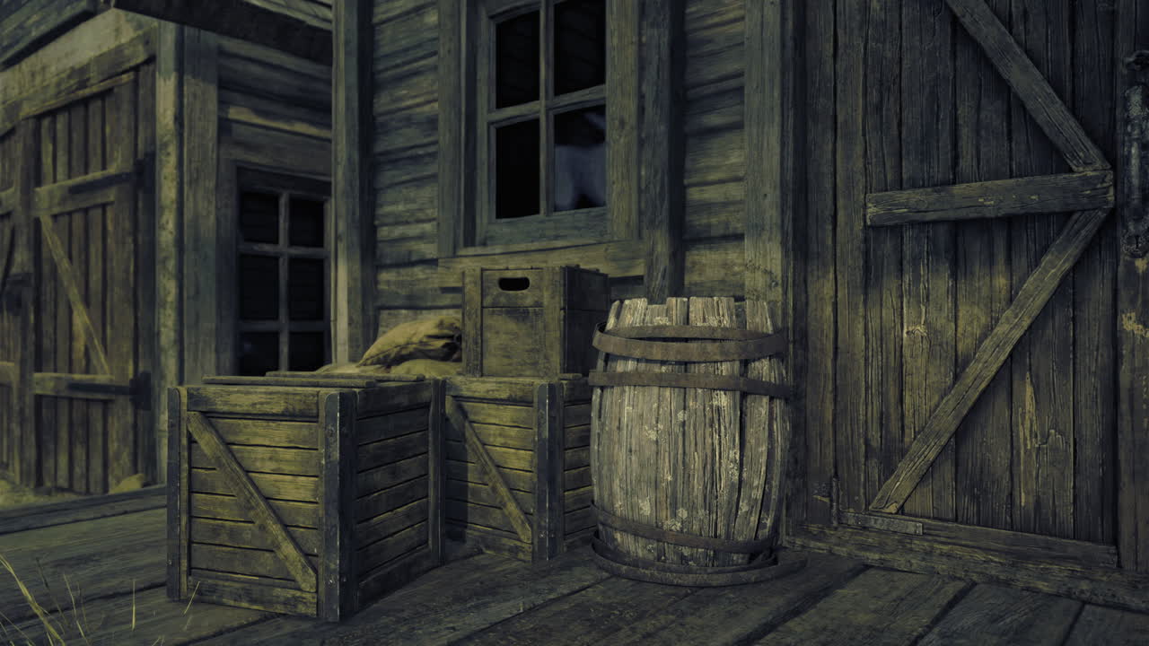 Old wooden crates and barrel by rustic building in deserted setting