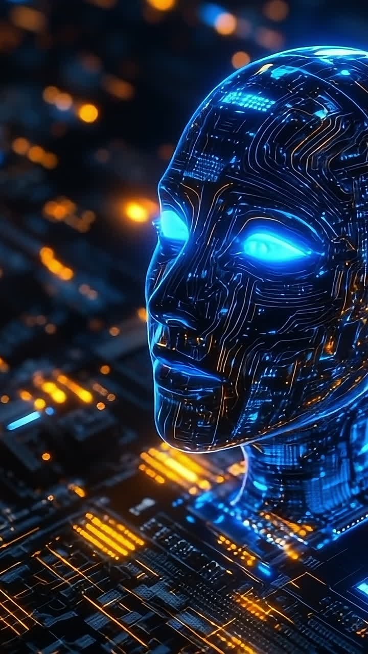 Digital human head with circuits. a glowing digital human head emerges ...