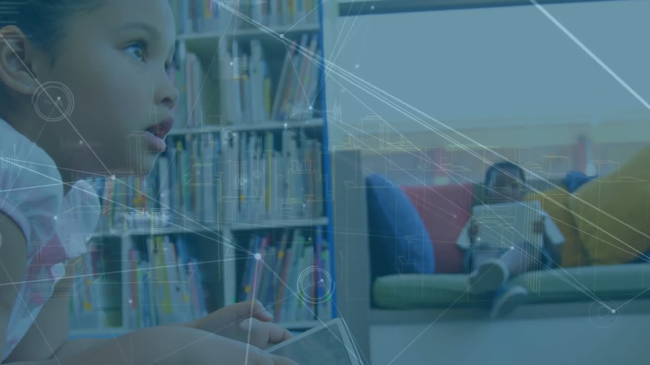 도서관에서 태블릿과 노트북을 사용하는 다양한 학교 학생들을 위한 커뮤니케이션 네트워크의 애니메이션