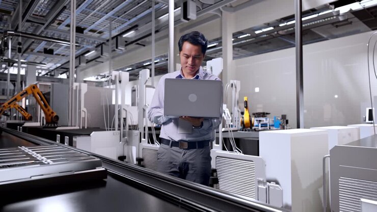 Full Body Of An Asian Male Professional Worker Standing With His Laptop, Automated Battery Production Line in a Modern Factory, Working Continuously