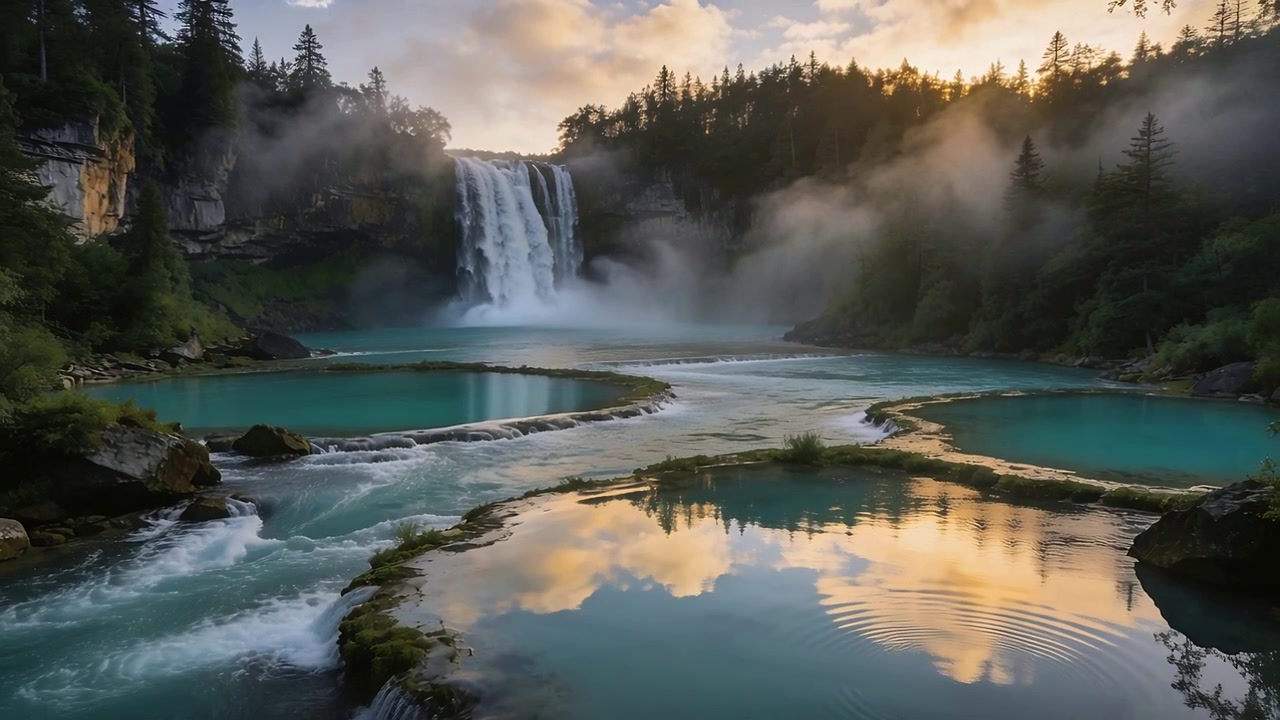 Pouring tiered waterfall feeding turquoise pools and braided channels from ledge, with misty ripple