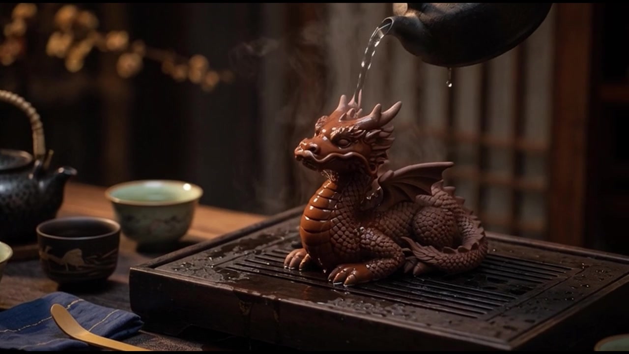 Versare acqua calda su un drago da tè in ceramica