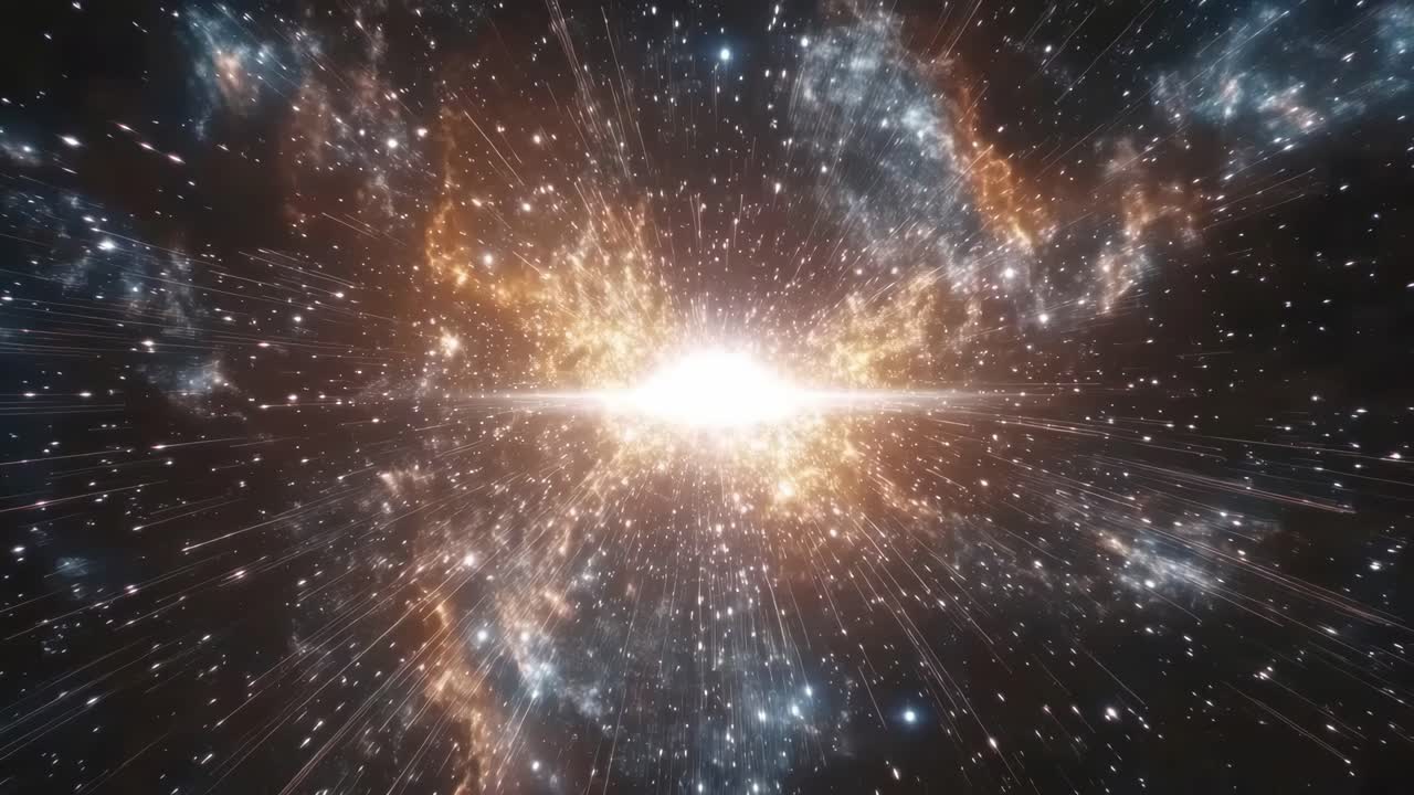 A cosmic explosion captured from a central angle, showcasing a radiant burst of light and stars