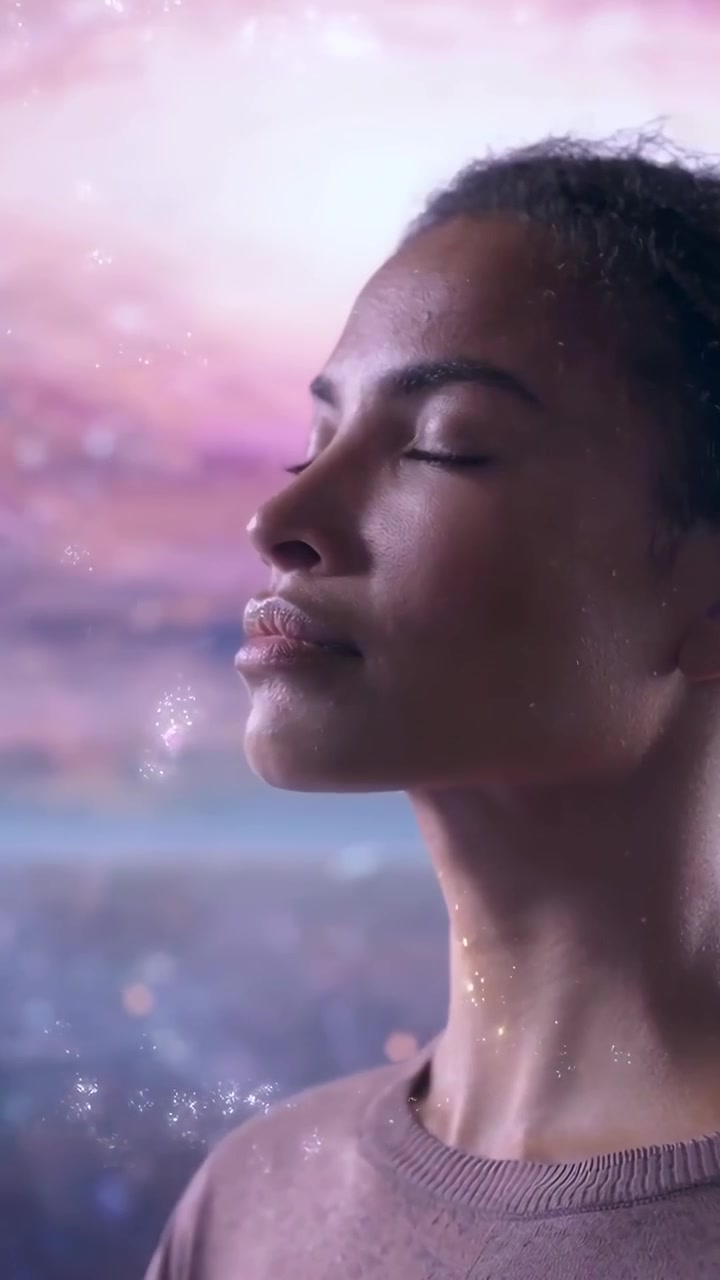 Mujer meditando con energía resplandeciente en una galaxia cósmica