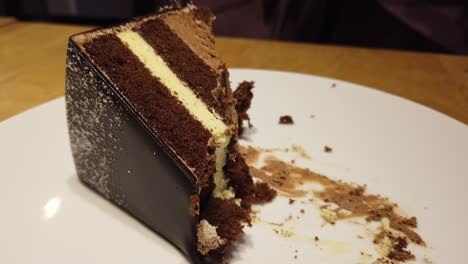 slice of chocolate cake being eaten