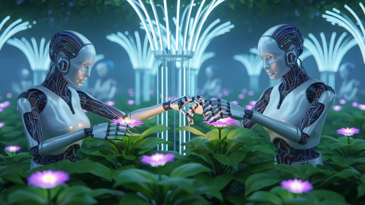 Menjelajahi Harmoni Antara Teknologi dan Alam: Dua Robot Berinteraksi dengan Bunga Bercahaya di Lingkungan Taman Futuristis