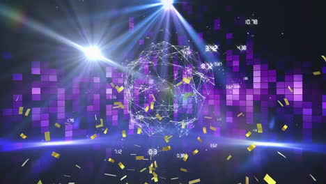 animation of network of connections and confetti over moving columns on black background