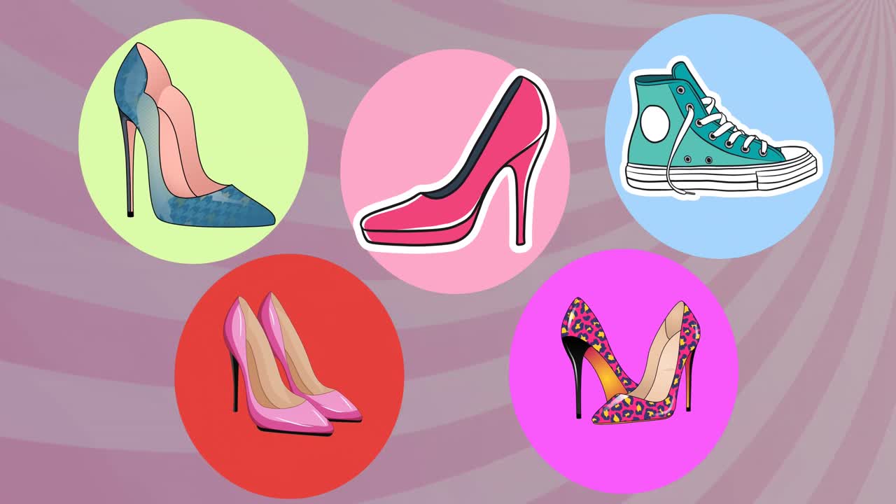 보라색 줄무 ⁇  배경 위에 떨어지는 신발의 애니메이션