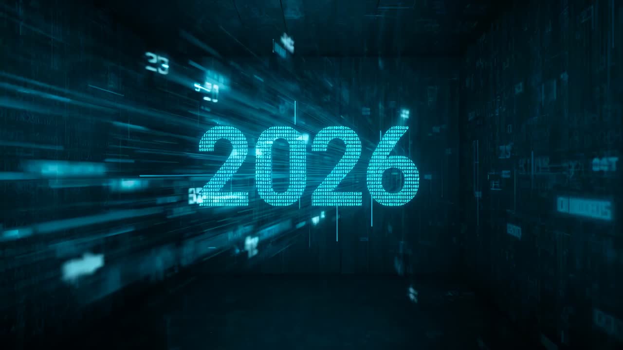 Cifre olografiche iniziali 2026 in crescita e rotazione attraverso un tunnel di dati color turchese con codice binario e barre luminose