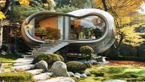 a futuristic house in the middle of a lush green forest