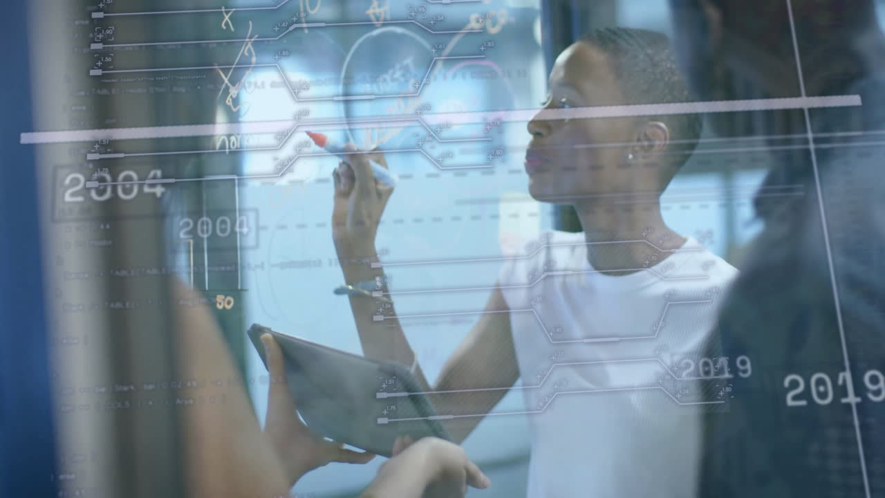 Animation of financial data processing over diverse businesspeople working in office