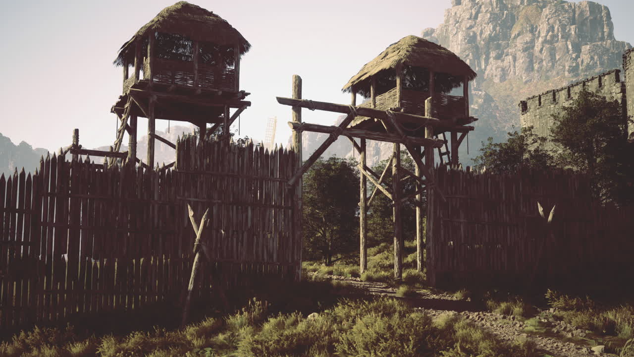 산악 지형 에 있는 나무 로 된 감시탑 을 가진 역사적 인 요새